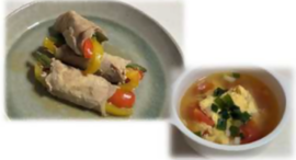 （2）たんぱく質と野菜を無理なくとれる栄養バランスの良い、料理初心者でも簡単に作れるメニューを調理実演で学びました。